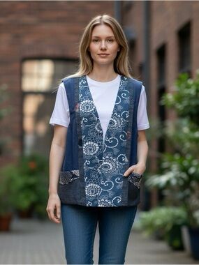 Nui Mono Hawaii Womens Sz L Kasuri Japanese-Inspired Patchwork Vest Button Blue